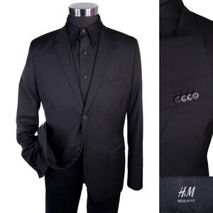 H&M Mens Blazer Jacket Size 42R Slim Fit Black Sport Coat Two Button Poly